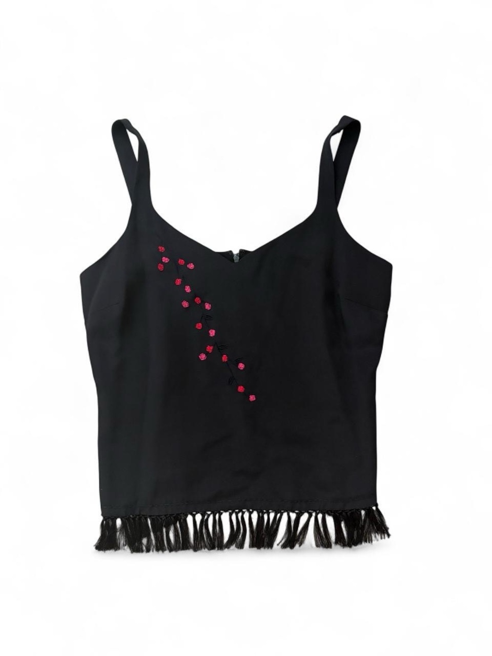 Vintage Y2K Dana Buchman Fringe Floral Embroidered Silk Top Black Size 12